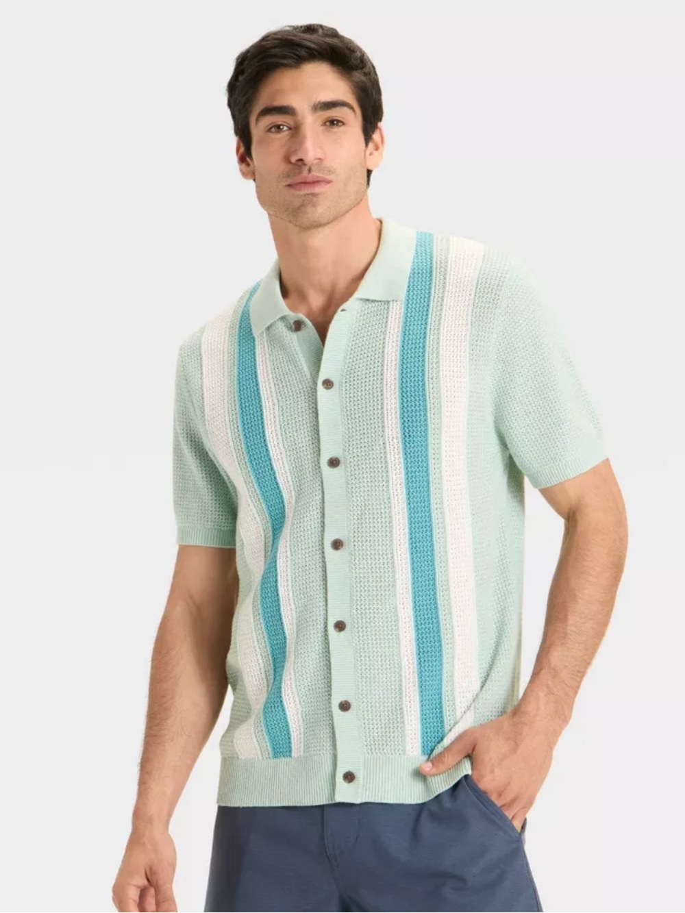 Men's Mint Short-Sleeve Knit Polo with Stripe Detail